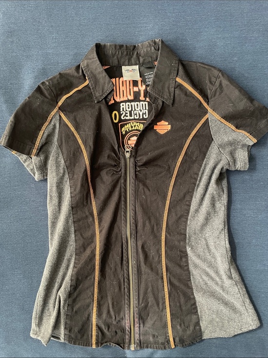 Harley-Davidson Tops - Harley-Davidson Black & Gray Zip-Up Short Sleeve Shirt with Orange Stitching